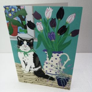 Cat with Tulips greeting card