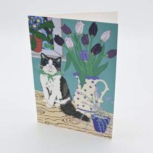 Cat with Tulips Greeting Card