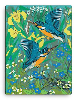 Yellow Iris with Kingfishers Canvas Print