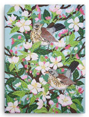 Field Fare Birds on Apple Blossom Canvas