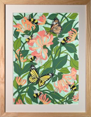 Honeysuckle, Bees and Butterflies - Framed Giclee Print
