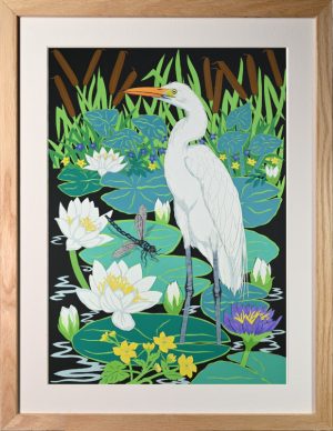 Great Egret and Water Lilies - framed giclee print