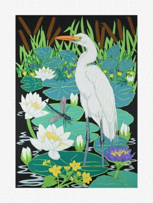 Great Egret and Water Lilies - on paper