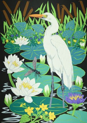 Great Egret and Water Lilies - Limited Series Giclee Prints with custom mountboard