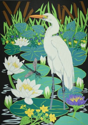 Great Egret and Water Lilies art print