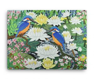 Kingfishers and Water Lilies stretched canvas
