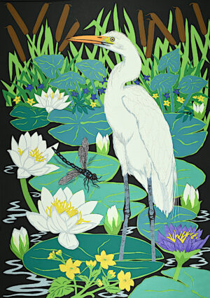 Great Egret and Water Lilies art print