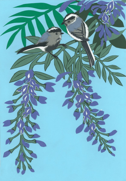 Oriental Birds:Long Tailed Tits with Wiseria