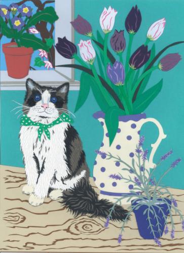 Domestic Animals:Cat with Tulips