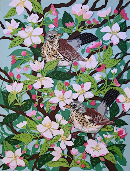 Birds:Field Fare Birds on Apple Blossom