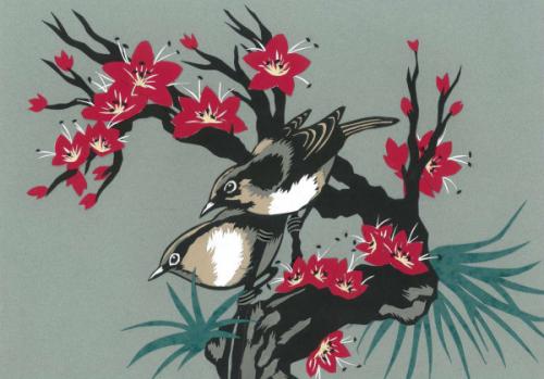 Oriental Birds:Oriental Pink Blossom and Bird