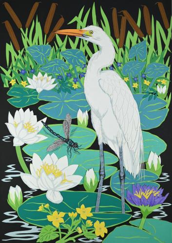 Great Egret and Water Lilies